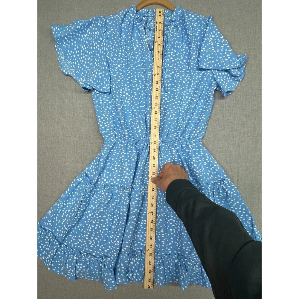 Short Flutter Sleeve Blue Polka Dot Ruffle Skirt Sun Dress Tie Neck, Size Small - Picture 5 of 6